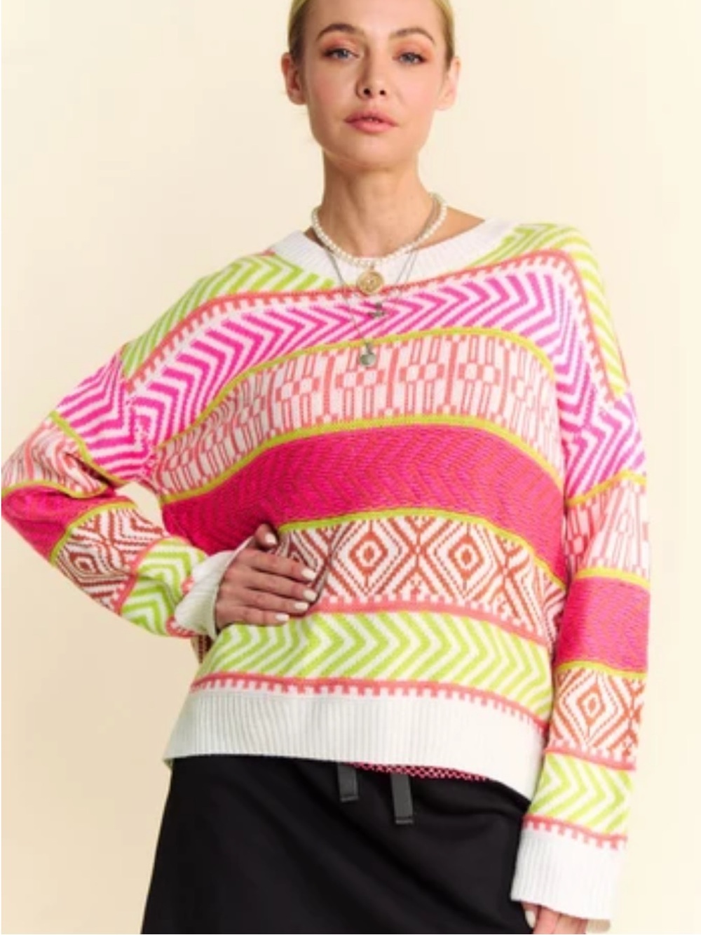 DAVI & DANI Multicolor Geometric Crewneck Sweater Pink/Green/Brown/White 2XL